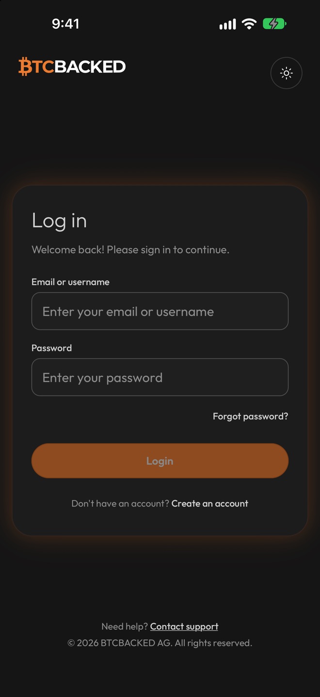 The BTCBacked Log in screen with fields for email or username and password, a Login button and a Create an account link