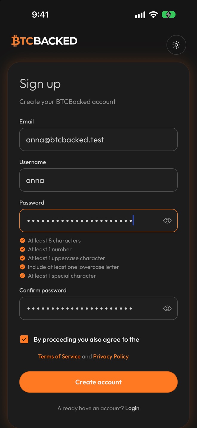 Sign up form with email, username, password and confirm password fields, the password rules ticked, the terms box ticked and a Create account button