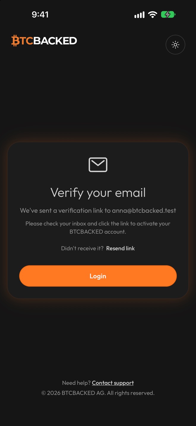 Verify your email screen confirming a verification link was sent, with Resend link and a Login button