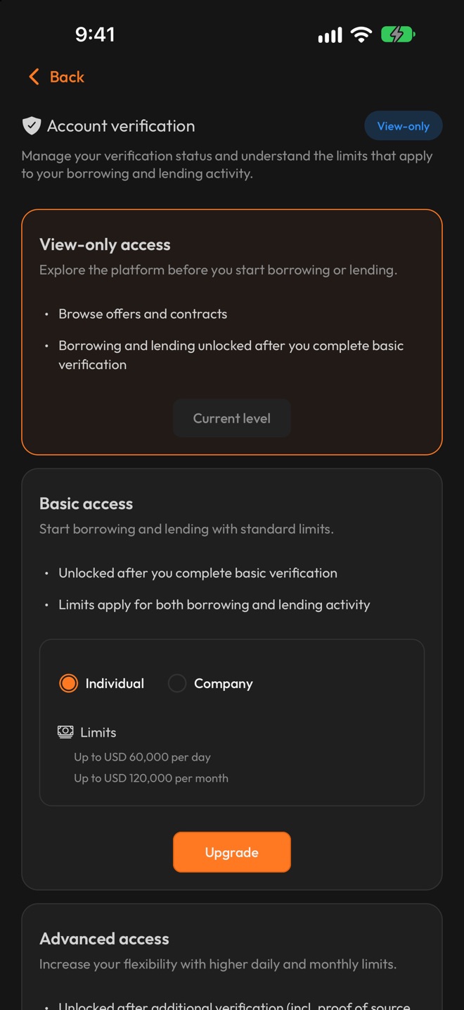 The Account verification screen: View-only access is the current level, and Basic access shows its limits and an Upgrade button
