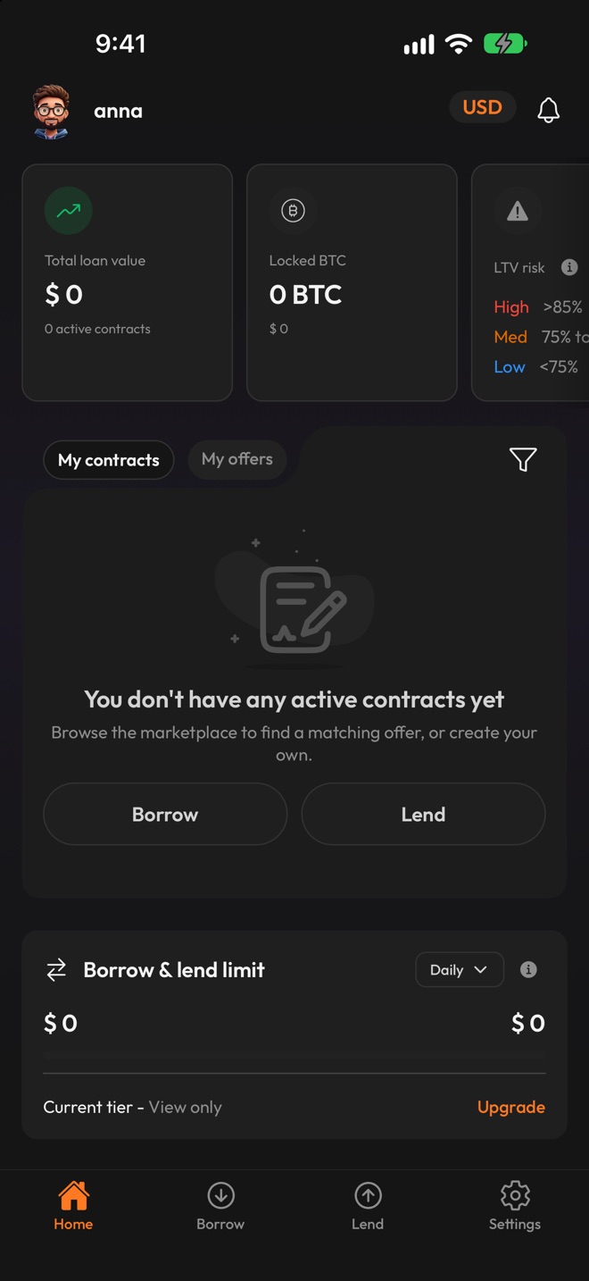 Home of a new account: no contracts yet, and the Borrow & lend limit card with Current tier View only and an Upgrade link