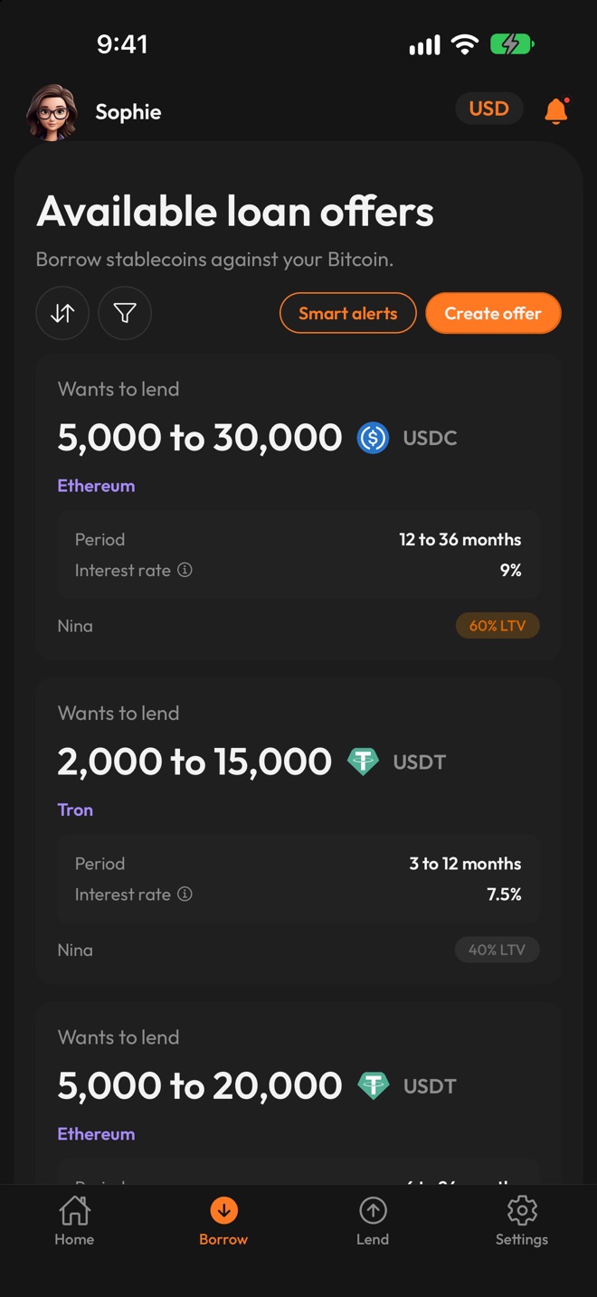 List of available loan offers, each card showing the amount range, the coin and network, the period, the interest rate and the loan-to-value