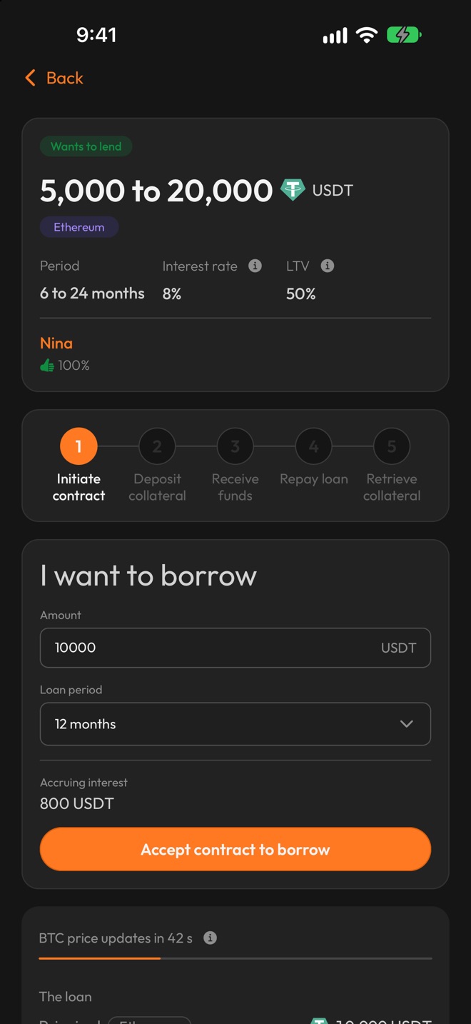 An opened offer from the lender Nina: 5,000 to 20,000 USDT on Ethereum, 6 to 24 months, an 8% interest rate and a 50% loan-to-value, with the form filled in for 10,000 USDT over 12 months