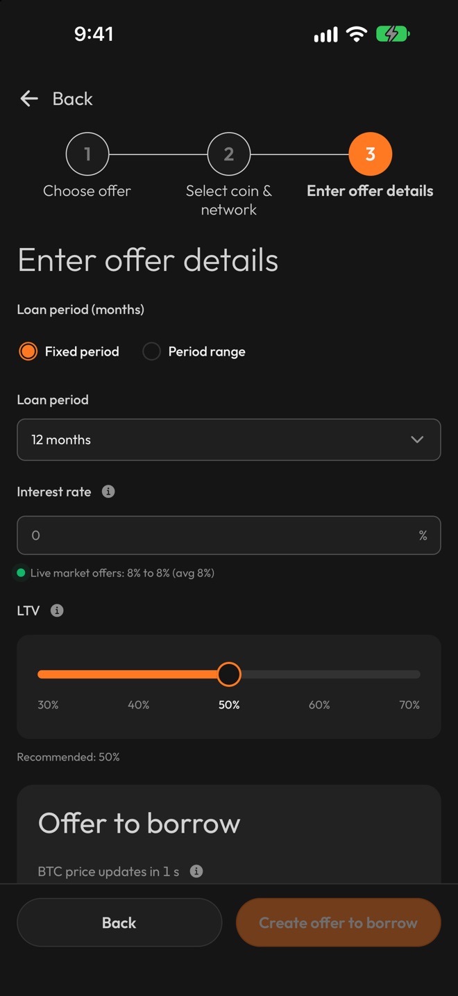 Create offer, Enter offer details: a loan period of 12 months, a field for the interest rate, a loan-to-value slider at 50% and a Create offer to borrow button
