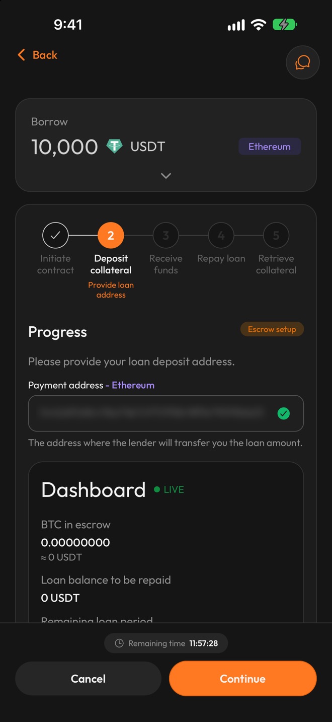 Loan page at the Deposit collateral stage asking for the loan deposit address, with the address field (blurred here), the remaining time and a Continue button
