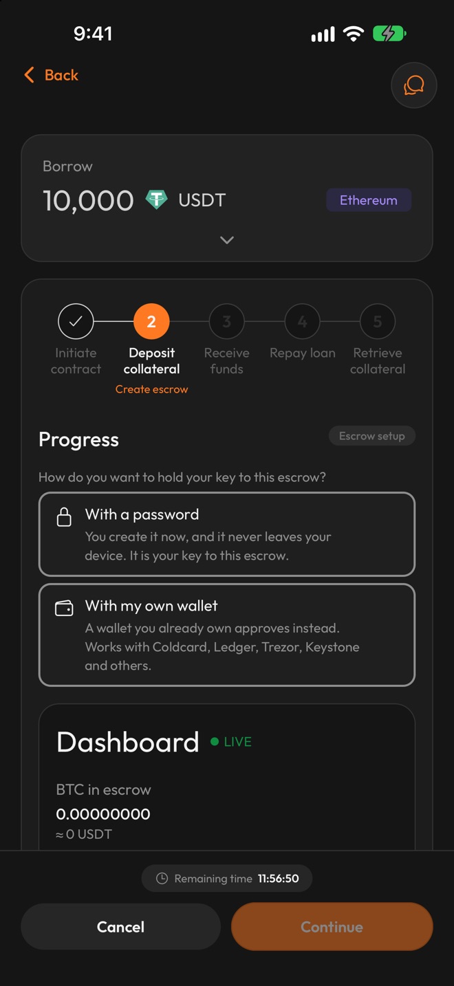 Choice of how to hold your escrow key: With a password, or With my own wallet
