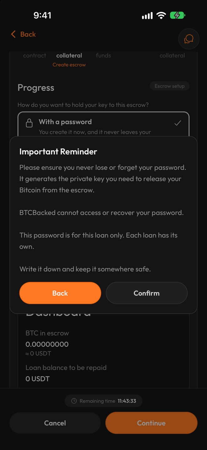 The Important Reminder about the escrow password, with Back and Confirm buttons