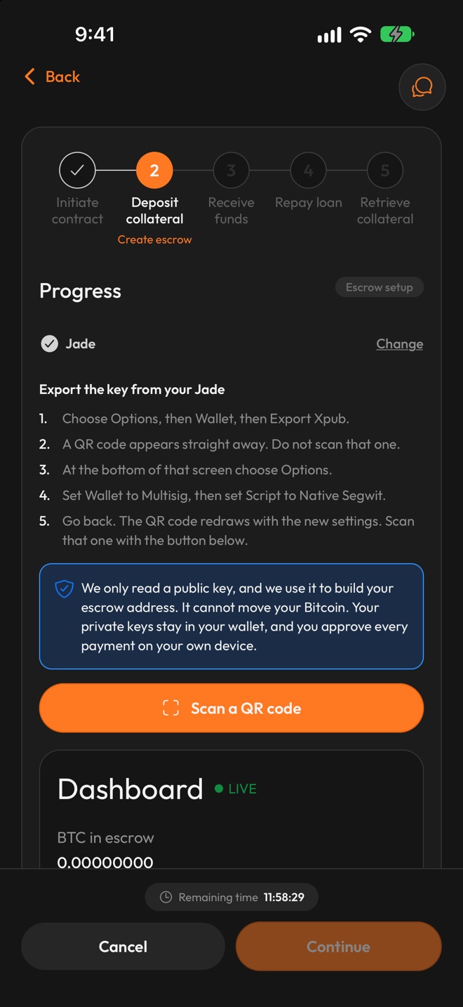 The app's guide for exporting the key from a Jade, above the Scan a QR code button