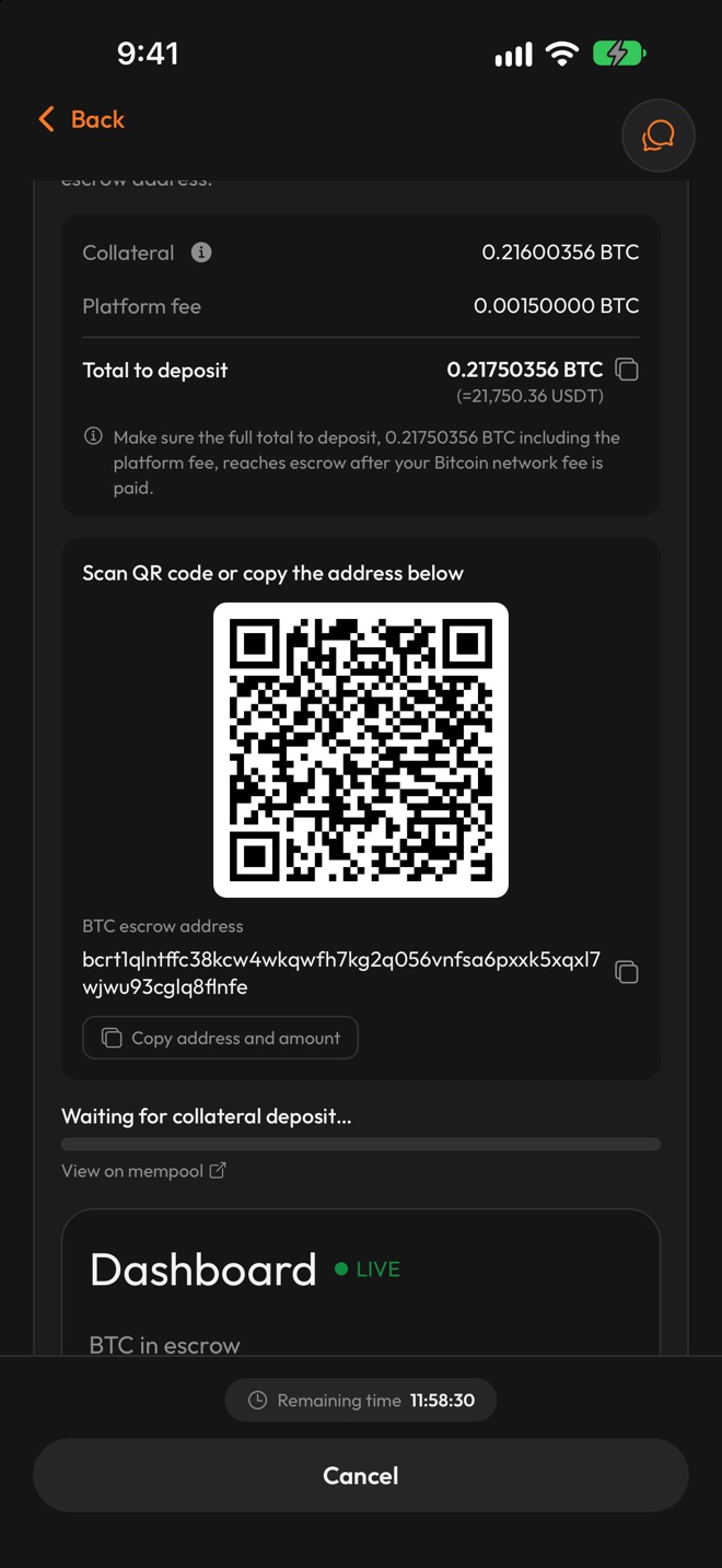 Deposit screen with the collateral, the platform fee, the total to deposit, a QR code, the BTC escrow address and the remaining time