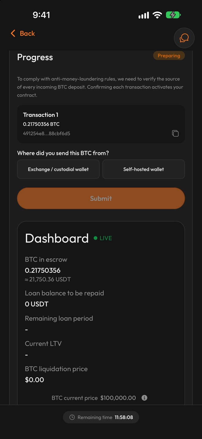 Deposit source question showing the deposit transaction and two choices, Exchange / custodial wallet and Self-hosted wallet, with a Submit button