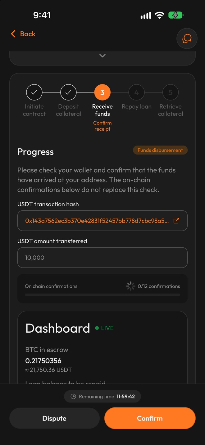 Confirm receipt screen with the USDT transaction hash, the USDT amount transferred, the on-chain confirmations (0 of 12 on the test setup) and the Dispute and Confirm buttons
