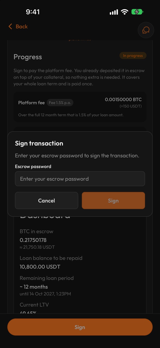 The Sign transaction dialog asking for the escrow password, with Cancel and Sign buttons