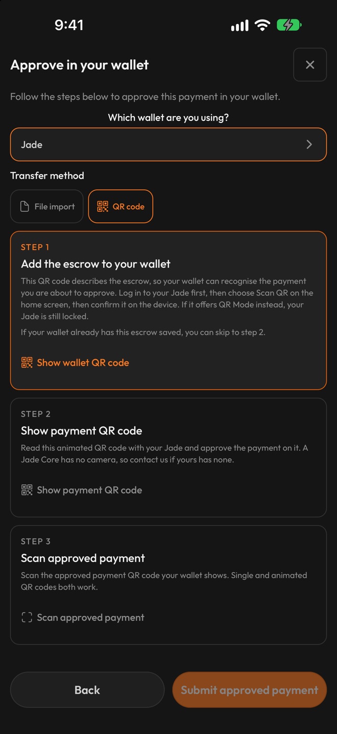 Approve in your wallet with a Jade and the QR code method: step 1 Add the escrow to your wallet, step 2 Show payment QR code, step 3 Scan approved payment