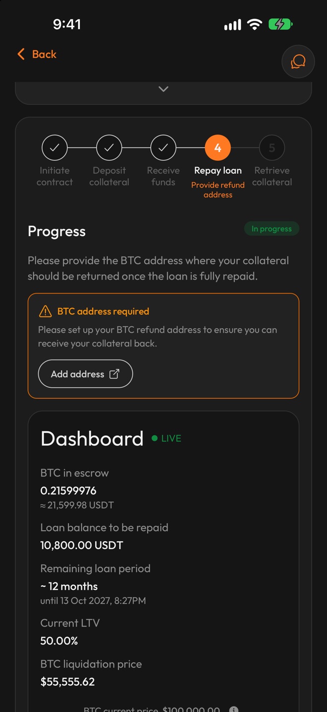 Repay loan stage with the BTC address required card and an Add address button, above the loan dashboard