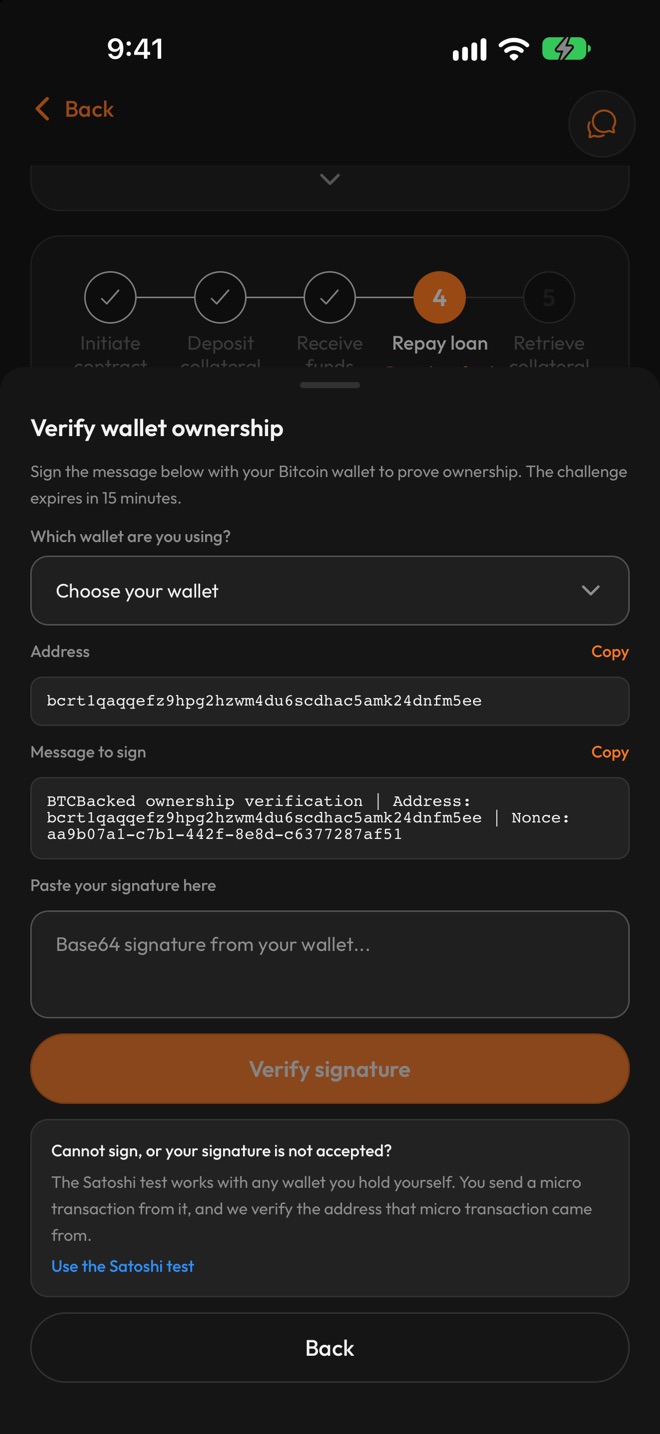 Verify wallet ownership screen with the address, the Message to sign, a field for the signature and the Use the Satoshi test option
