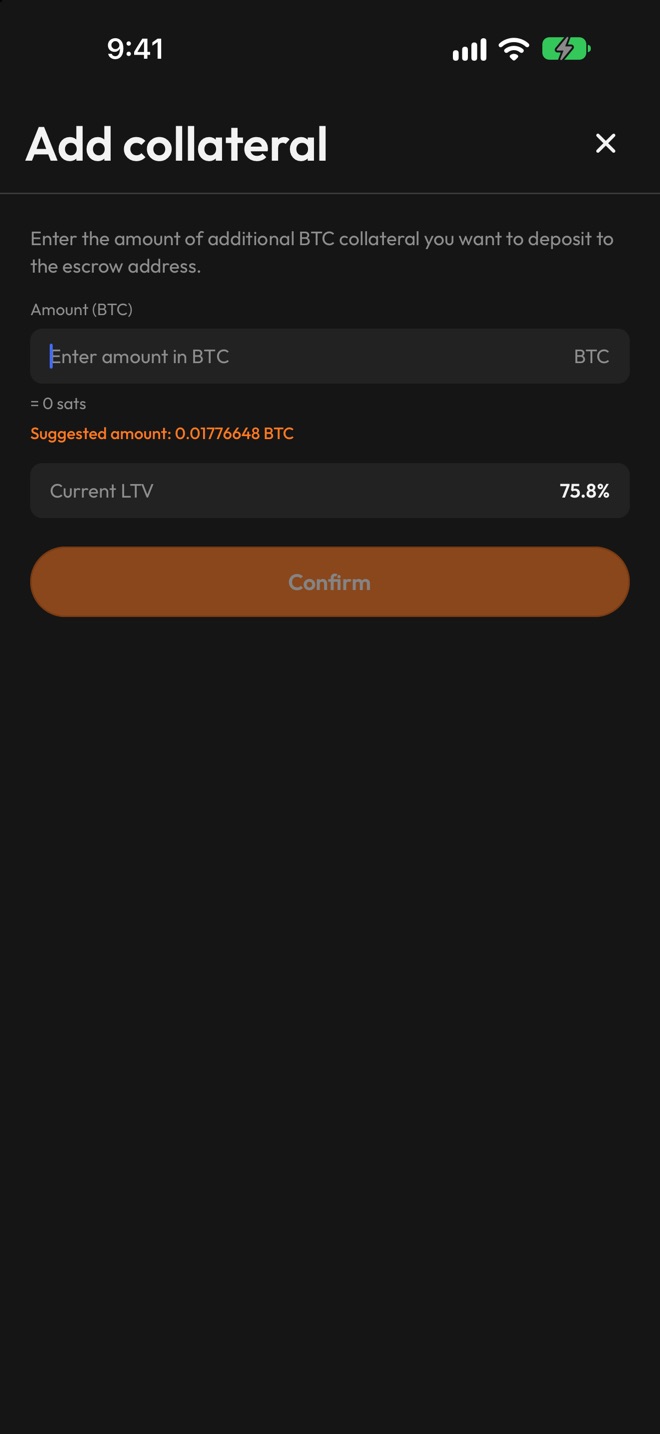 Add collateral screen with an empty amount field, a suggested amount of 0.01776648 BTC and a current loan-to-value of 75.8%