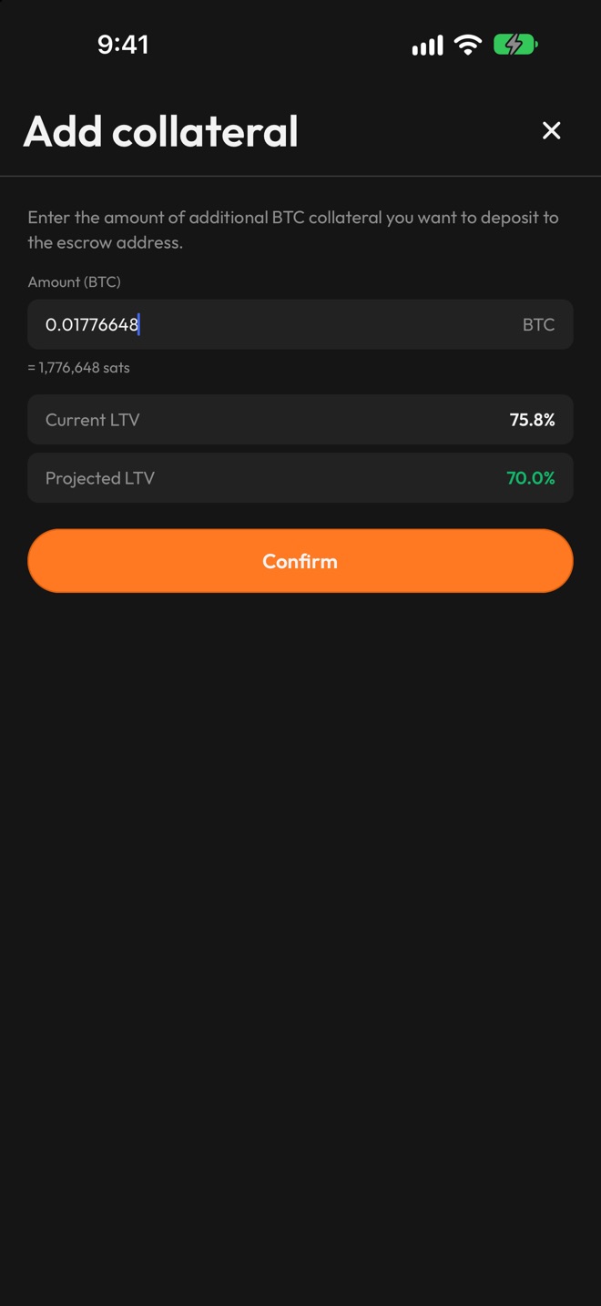 Add collateral screen with 0.01776648 BTC entered, a current loan-to-value of 75.8% and a projected loan-to-value of 70.0%
