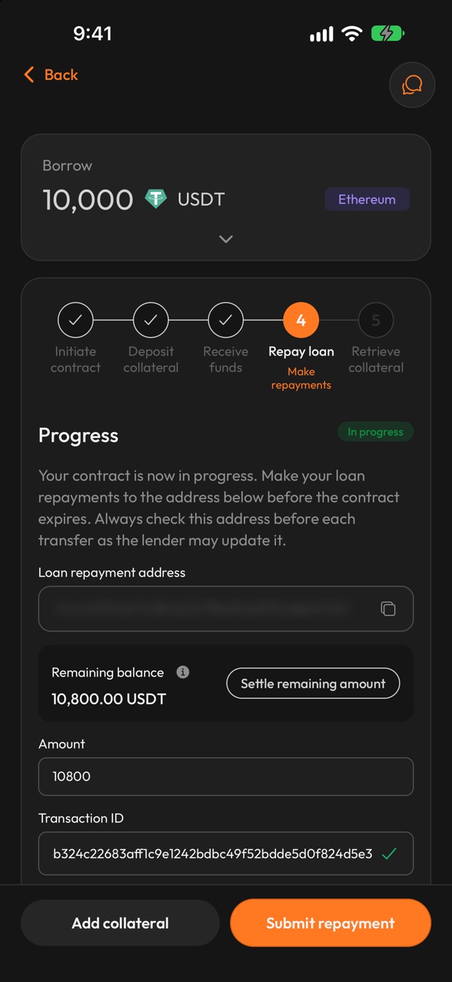 Repayment form with the lender's loan repayment address (blurred here), a remaining balance of 10,800 USDT, the amount and transaction ID filled in and a Submit repayment button