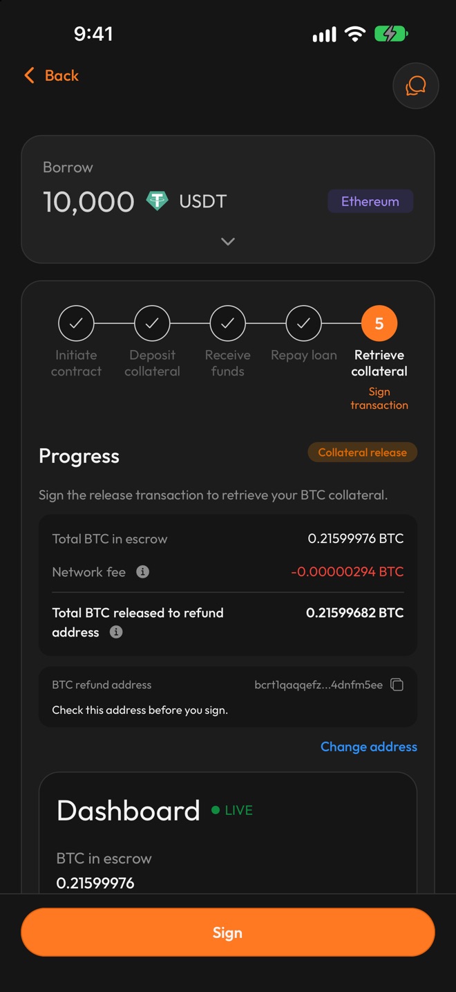 Release screen with the total BTC in escrow, the network fee, the total released to the refund address, the refund address and a Sign button