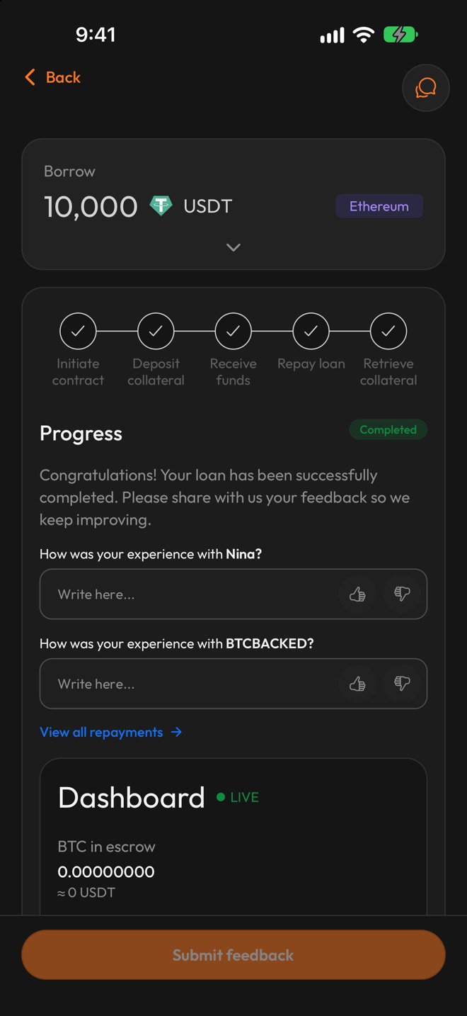 The completed loan asking you to rate your experience with the lender Nina and with BTCBacked, with a Submit feedback button
